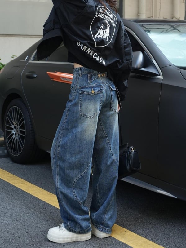 Yi Enfan žene traperice od denima, visokim strukom, ravne nogavice, pamuk-poliester denim, jesen 2025