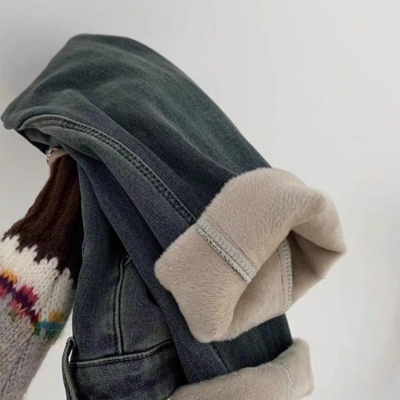 Dámske jeans z denimu, vysoký pás, rovný strih, fleecová podšívka, voľný pás