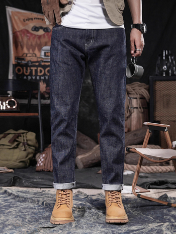 Ανδρικά τζιν ίσιας γραμμής, βαμβακερό ντενίμ, μεσαία μέση, φερμουάρ, πλυμένα