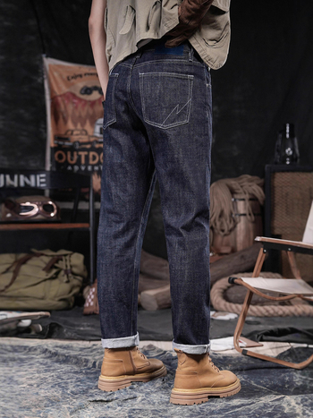 Ανδρικά τζιν ίσιας γραμμής, βαμβακερό ντενίμ, μεσαία μέση, φερμουάρ, πλυμένα