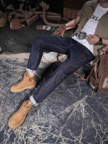 Ανδρικά τζιν ίσιας γραμμής, βαμβακερό ντενίμ, μεσαία μέση, φερμουάρ, πλυμένα