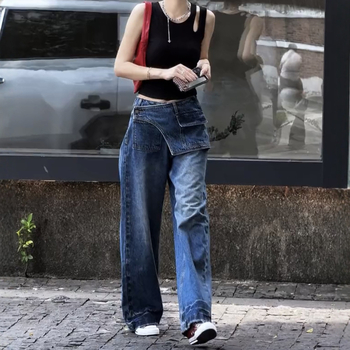 Džinsai moterims su plačiomis kojomis, aukštas juosmuo, tiesus kirpimas, panelių koliažo dizainas, ruduo 2025