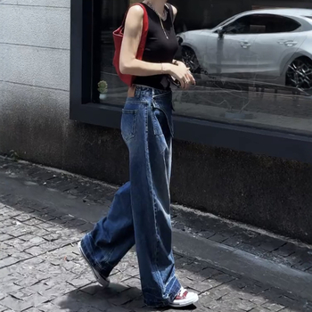 Džinsai moterims su plačiomis kojomis, aukštas juosmuo, tiesus kirpimas, panelių koliažo dizainas, ruduo 2025