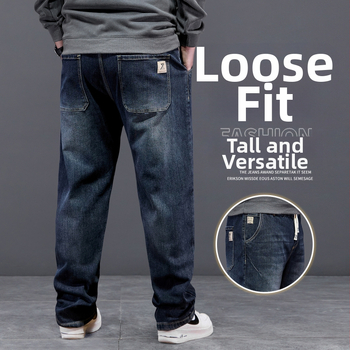Ανδρικά τζιν με ελαστική μέση και κορδόνι, υψηλή ελαστικότητα, ίσια γραμμή, φαρδιά εφαρμογή για τον χειμώνα