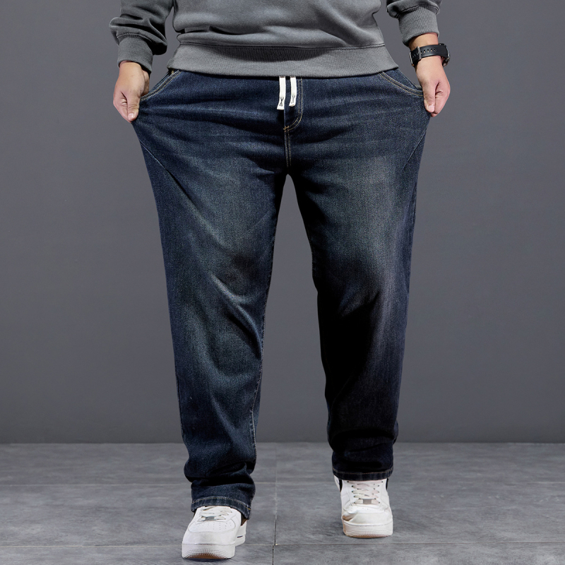Ανδρικά τζιν με ελαστική μέση και κορδόνι, υψηλή ελαστικότητα, ίσια γραμμή, φαρδιά εφαρμογή για τον χειμώνα