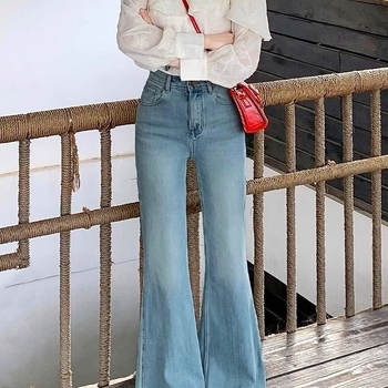 Ženske džins bootcut, visok pojas, debeli denim s 70–80% spandeksa, mikro elastičnost, široka krojna flare