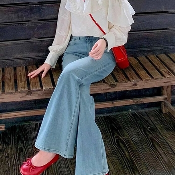 Ženske džins bootcut, visok pojas, debeli denim s 70–80% spandeksa, mikro elastičnost, široka krojna flare