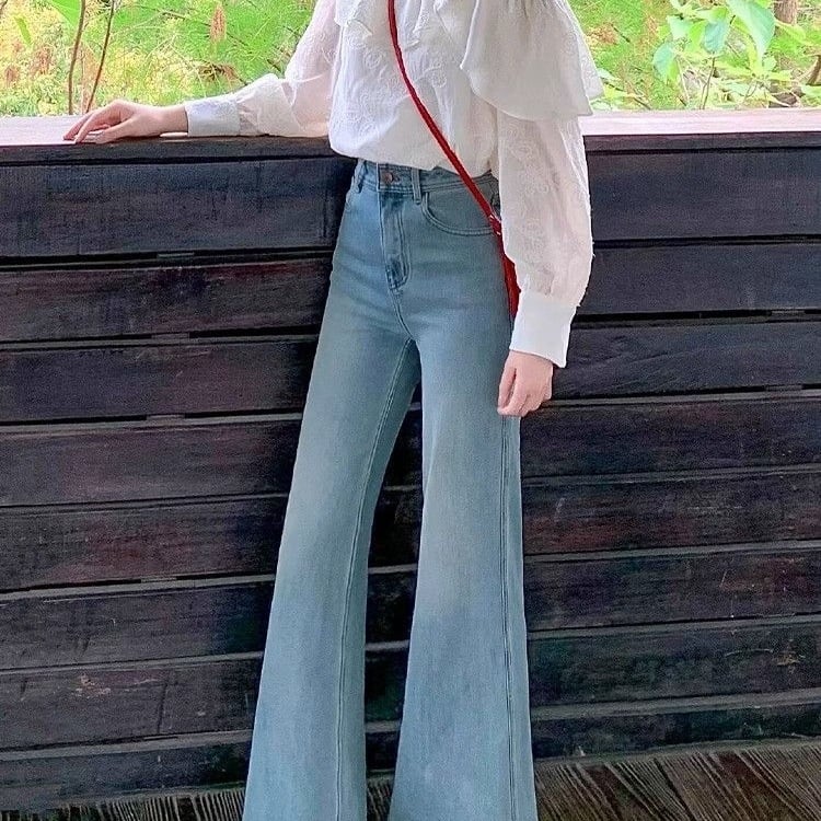 Ženske džins bootcut, visok pojas, debeli denim s 70–80% spandeksa, mikro elastičnost, široka krojna flare