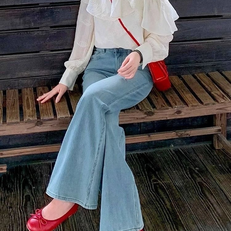 Ženske džins bootcut, visok pojas, debeli denim s 70–80% spandeksa, mikro elastičnost, široka krojna flare