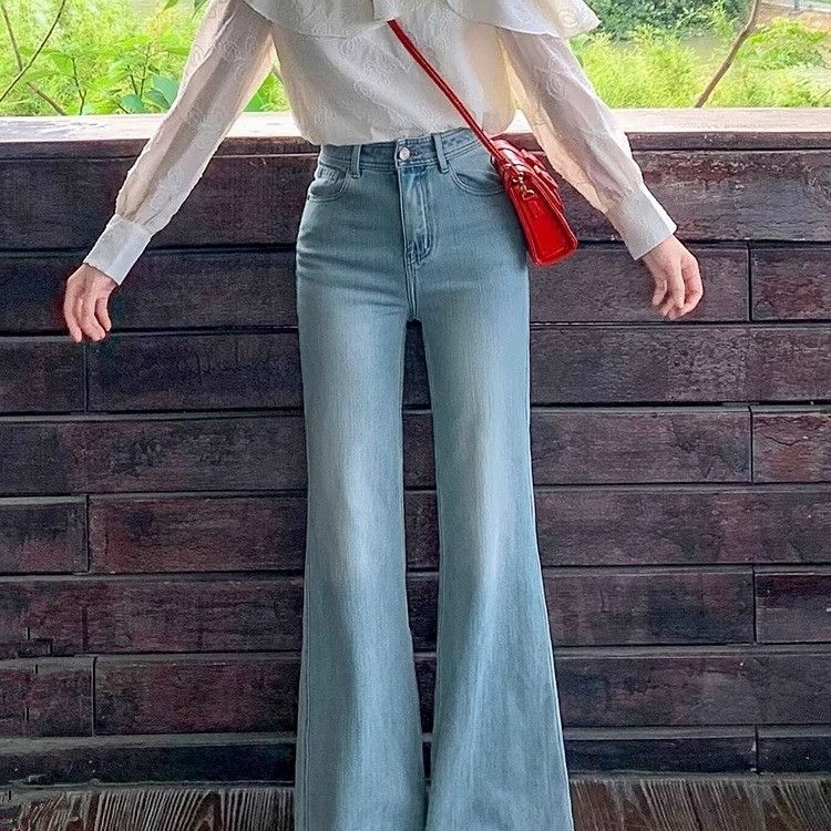 Ženske džins bootcut, visok pojas, debeli denim s 70–80% spandeksa, mikro elastičnost, široka krojna flare