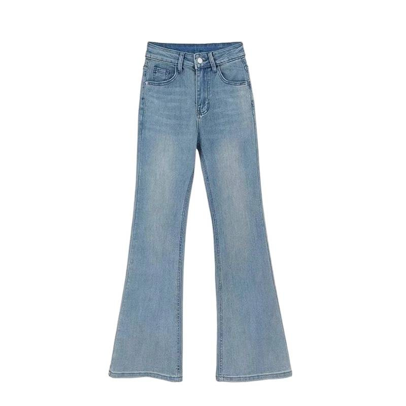 Ženske džins bootcut, visok pojas, debeli denim s 70–80% spandeksa, mikro elastičnost, široka krojna flare