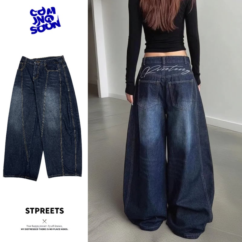 Τζίν με υψηλή μέση, ίσια γραμμή, καουμπόικο ύφασμα, 60% βαμβάκι, σχέδιο εμπνευσμένο από ματσέτα