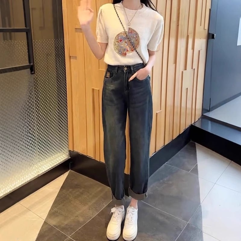 Дамски дънкови панталони Харем стил, висока талия, къс крак, средно тежък плат, полиестер 50-70% / памук ≤30%