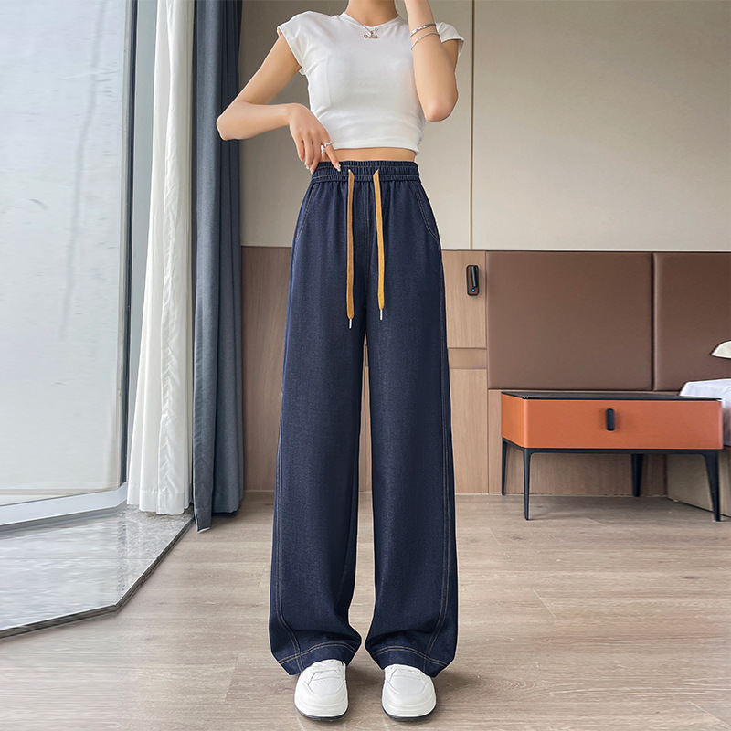 Дънкови панталони, широки крачоли, висока талия, тънък плат, 50–70% полиестер + еластан