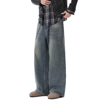 Ανδρικά τζιν για τον χειμώνα, αμερικανικού ρετρό ευρύ παντελόνι, χαλαρή εφαρμογή, μεσαία μέση, φερμουάρ