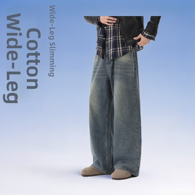 Ανδρικά τζιν για τον χειμώνα, αμερικανικού ρετρό ευρύ παντελόνι, χαλαρή εφαρμογή, μεσαία μέση, φερμουάρ