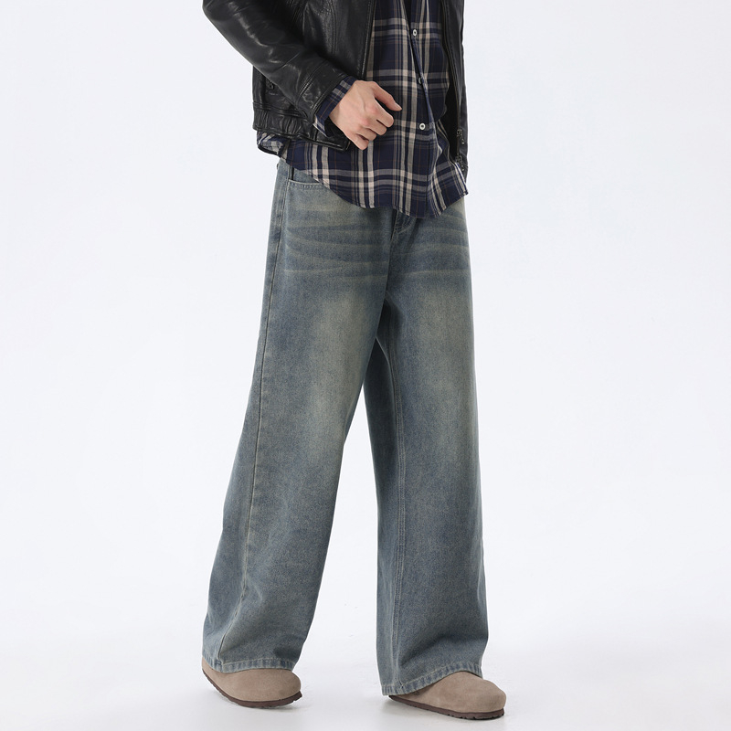 Ανδρικά τζιν για τον χειμώνα, αμερικανικού ρετρό ευρύ παντελόνι, χαλαρή εφαρμογή, μεσαία μέση, φερμουάρ