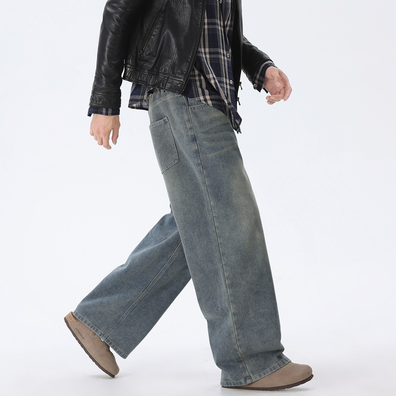 Ανδρικά τζιν για τον χειμώνα, αμερικανικού ρετρό ευρύ παντελόνι, χαλαρή εφαρμογή, μεσαία μέση, φερμουάρ