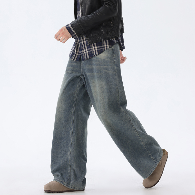 Ανδρικά τζιν για τον χειμώνα, αμερικανικού ρετρό ευρύ παντελόνι, χαλαρή εφαρμογή, μεσαία μέση, φερμουάρ