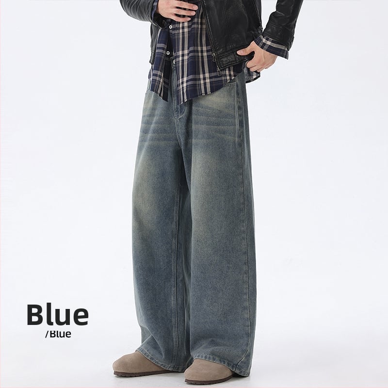 Ανδρικά τζιν για τον χειμώνα, αμερικανικού ρετρό ευρύ παντελόνι, χαλαρή εφαρμογή, μεσαία μέση, φερμουάρ