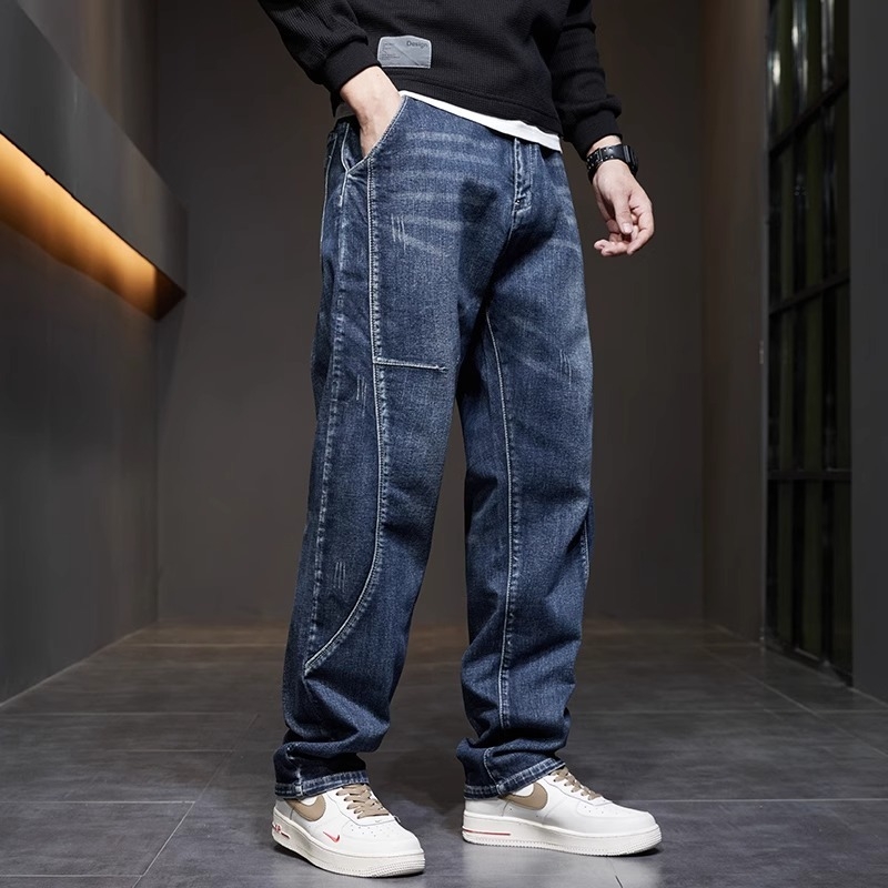 Muške traperice ravnog kroja, srednji pojas, zip, tanak poliester, panel dizajn, mladenački stil, proljeće 2025