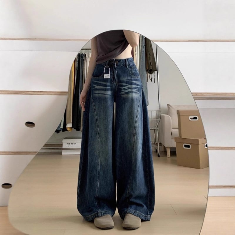 Traperice s širokim nogama, visokim strukom, denim, 70–80% pamuk i do 30% elastan, pranje pijeskom