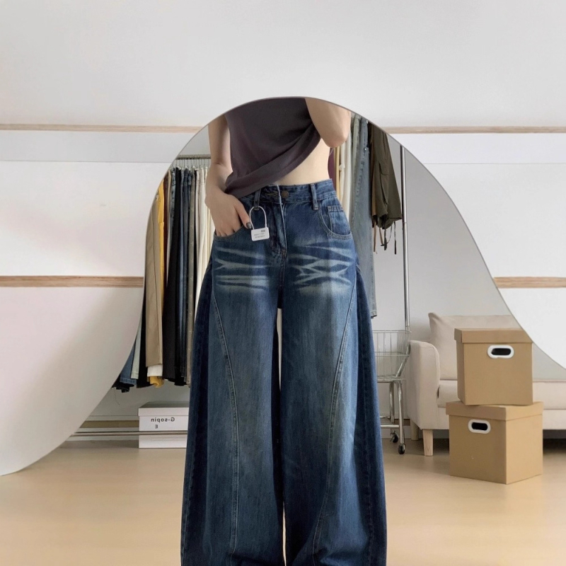 Traperice s širokim nogama, visokim strukom, denim, 70–80% pamuk i do 30% elastan, pranje pijeskom