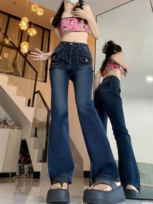 Traperice - Visoki struk, široke nogavice, visoka elastičnost, denim materijal, srednja duljina