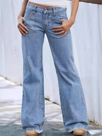 Traperice s visokim strukom, slobodan široki kroj; denim s udjelom pamuka i poliestera, mikro rastezljivost; casual japansko-korejski stil