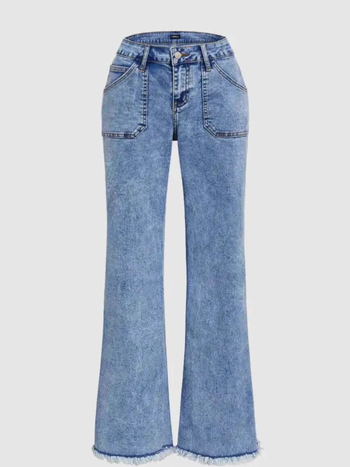 Traperice s visokim strukom, slobodan široki kroj; denim s udjelom pamuka i poliestera, mikro rastezljivost; casual japansko-korejski stil