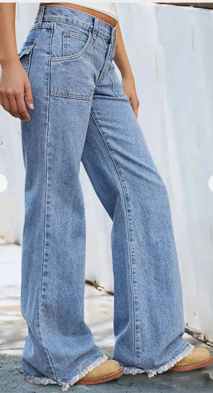 Traperice s visokim strukom, slobodan široki kroj; denim s udjelom pamuka i poliestera, mikro rastezljivost; casual japansko-korejski stil