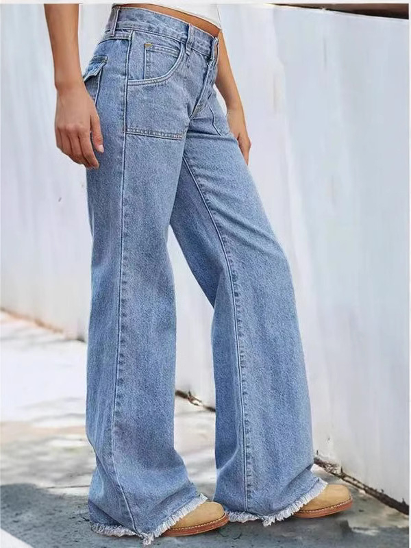 Traperice s visokim strukom, slobodan široki kroj; denim s udjelom pamuka i poliestera, mikro rastezljivost; casual japansko-korejski stil