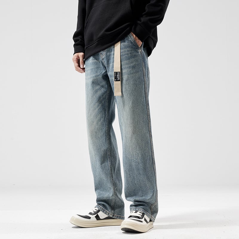 Ανδρικά τζιν με χαλαρή ευθεία γραμμή, μεσαία μέση, φερμουάρ, 90% βαμβάκι, πλυμένος φινίρισμα