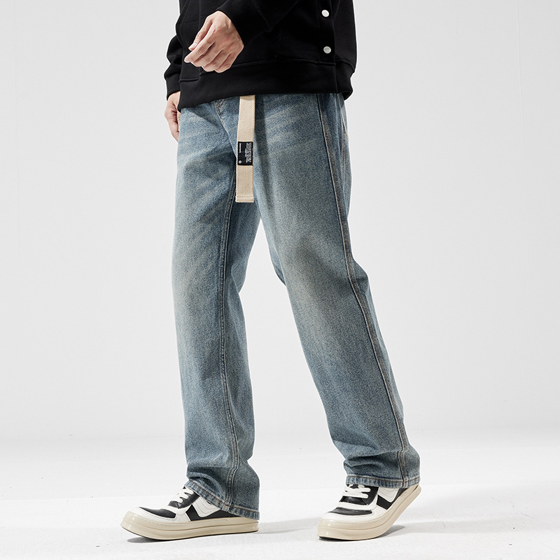 Ανδρικά τζιν με χαλαρή ευθεία γραμμή, μεσαία μέση, φερμουάρ, 90% βαμβάκι, πλυμένος φινίρισμα