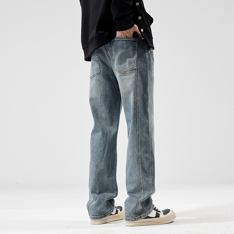 Ανδρικά τζιν με χαλαρή ευθεία γραμμή, μεσαία μέση, φερμουάρ, 90% βαμβάκι, πλυμένος φινίρισμα