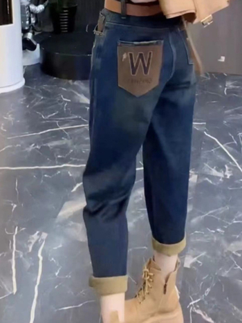 Denim hlače s visokim strukom, harém stil, dužina 9/10, gusta tkanina