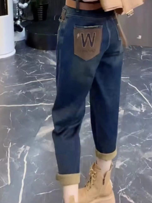 Denim hlače s visokim strukom, harém stil, dužina 9/10, gusta tkanina