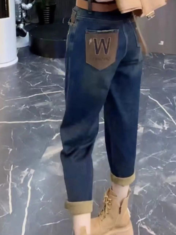 Denim hlače s visokim strukom, harém stil, dužina 9/10, gusta tkanina