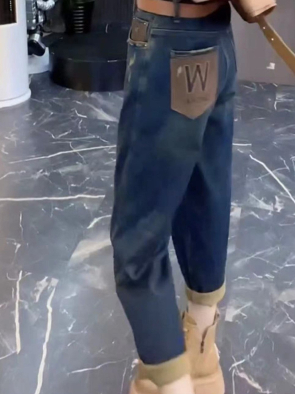 Denim hlače s visokim strukom, harém stil, dužina 9/10, gusta tkanina