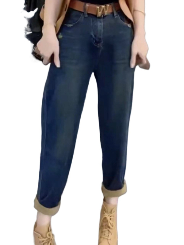 Denim hlače s visokim strukom, harém stil, dužina 9/10, gusta tkanina