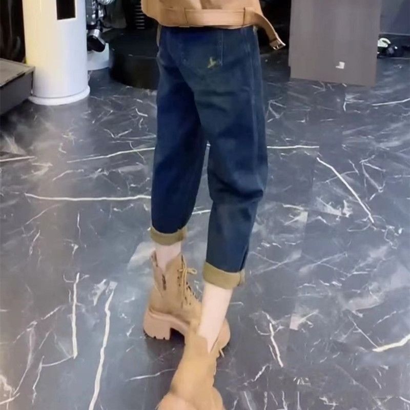 Denim hlače s visokim strukom, harém stil, dužina 9/10, gusta tkanina