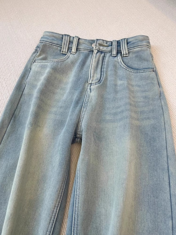 Traperice od denima s flis podstavom, širokih nogavica, visokim strukom, debeli, jesen-zima 2025
