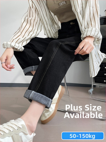 Moterų didelių dydžių džinsai, kaubojo stiliaus, ruduo 2024, medvilnės-poliesterio džinsai (70-80% medvilnė, <30% poliesteris), aukšta elastija, tiesus kirpimas