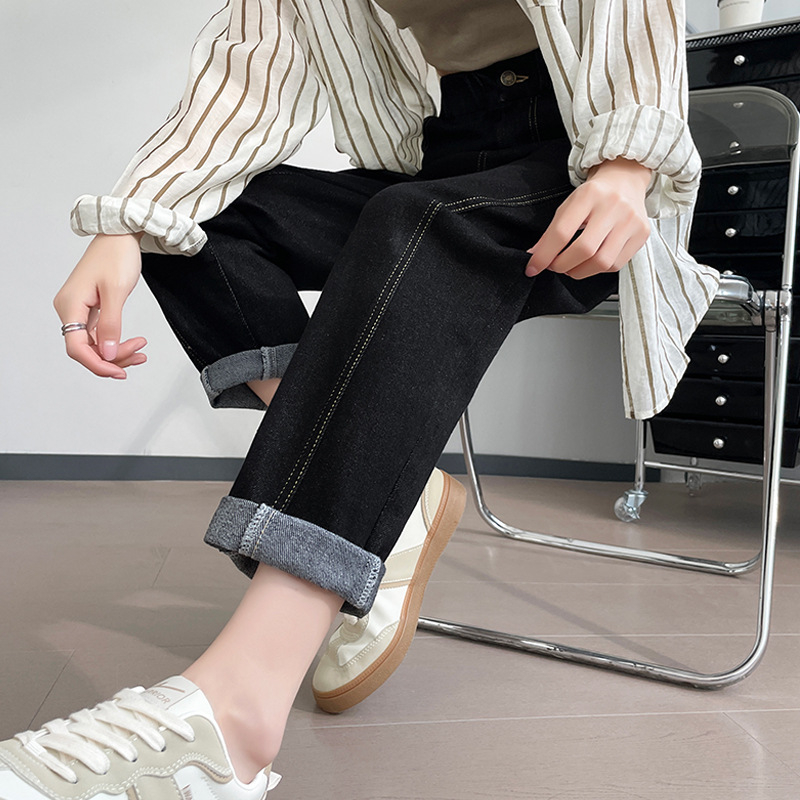 Moterų didelių dydžių džinsai, kaubojo stiliaus, ruduo 2024, medvilnės-poliesterio džinsai (70-80% medvilnė, <30% poliesteris), aukšta elastija, tiesus kirpimas