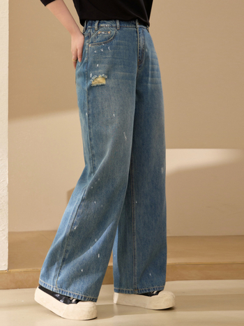 Suplyšę džinsai su aukštu liemeniu, tiesus kirpimas, medvilnės audinys, kaubojaus stilius, Rudens 2025 kolekcija