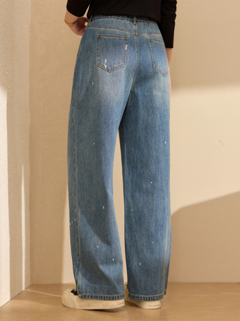 Suplyšę džinsai su aukštu liemeniu, tiesus kirpimas, medvilnės audinys, kaubojaus stilius, Rudens 2025 kolekcija