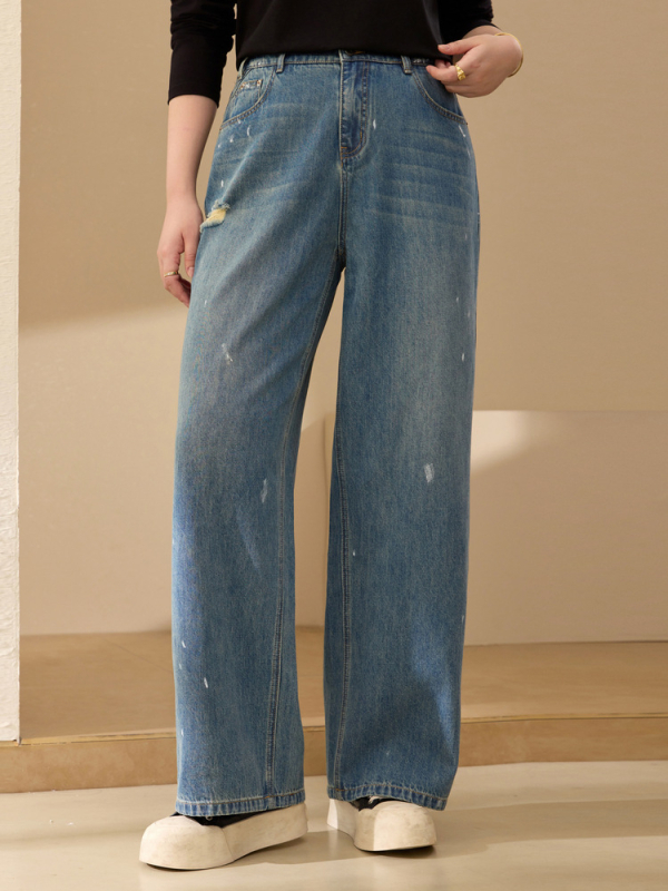 Suplyšę džinsai su aukštu liemeniu, tiesus kirpimas, medvilnės audinys, kaubojaus stilius, Rudens 2025 kolekcija