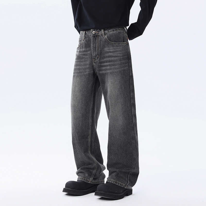 Αντρικά τζιν ρετρό με ίσια γραμμή, μεσαία μέση, βαμβακερό ντένιμ