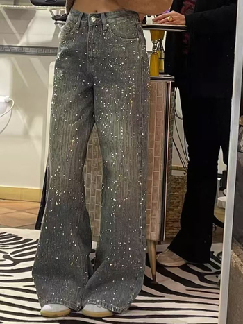 Ženske traperice u američkom retro stilu od denima s patchworkom rhinestones u motivu zvjezdadanog neba, visokim strukom, širokim nogavicama, duljine do poda