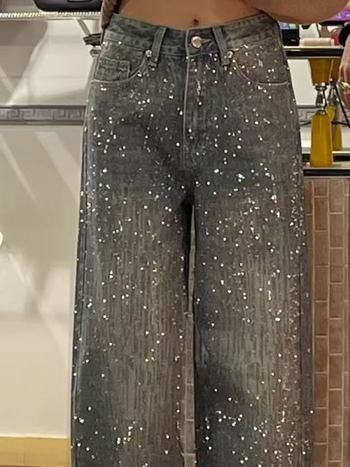 Ženske traperice u američkom retro stilu od denima s patchworkom rhinestones u motivu zvjezdadanog neba, visokim strukom, širokim nogavicama, duljine do poda
